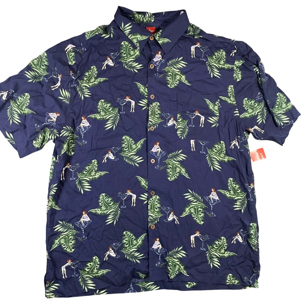 NWT Junction West Button Down SS Shirt XXL Navy Pin Up Girl Martini Tropical